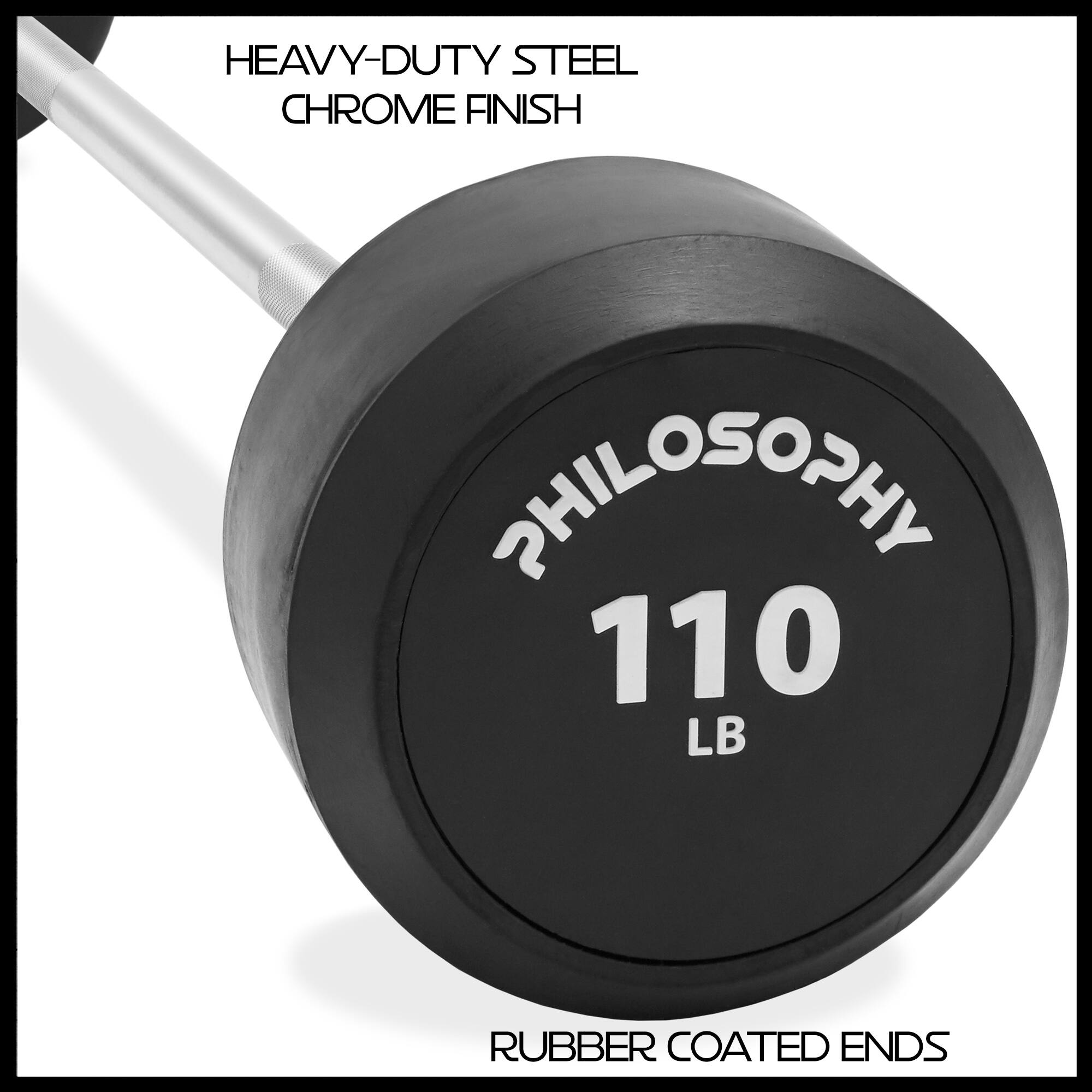 HEAVY-DUTY STEEL  
CHROME FINISH  

PHILOSOPHY  
110 LB  

RUBBER COATED ENDS