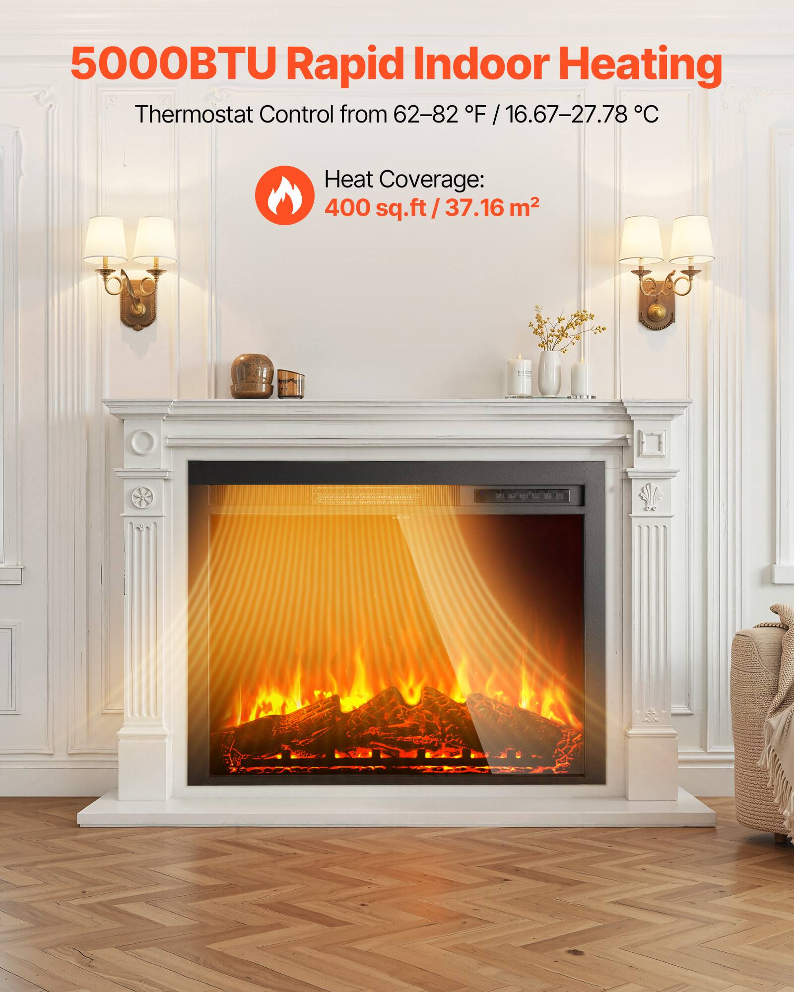 5000BTU Rapid Indoor Heating  
Thermostat Control from 62-82°F / 16.67-27.78°C  
Heat Coverage: 400 sq.ft / 37.16 m²