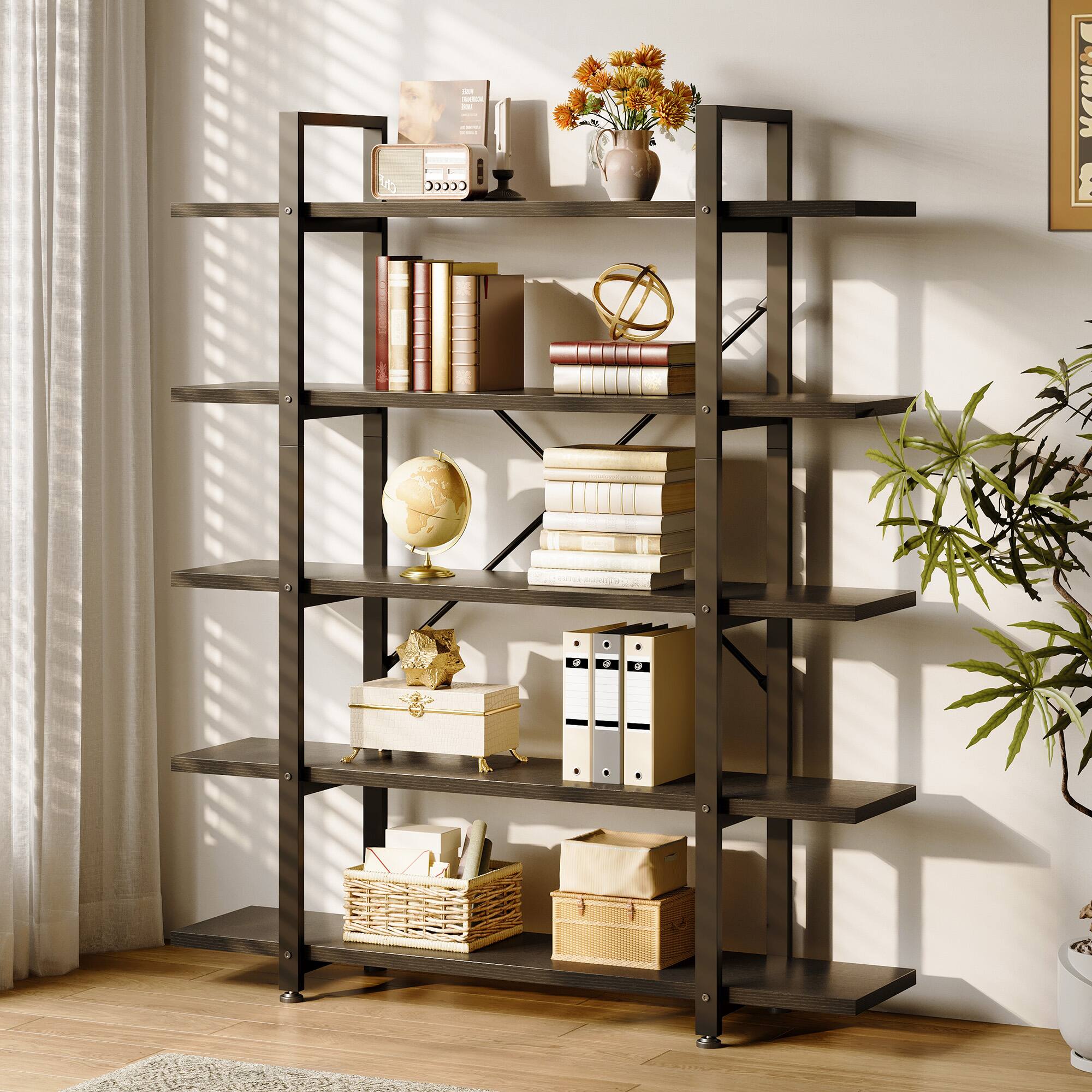 Alt View 1. AODK - 69" Tall 5-Tier Industrial Wood Bookcase, 43" Wide Vintage Etagere Bookshelf with Metal Frame, Open Display Storage Rack - Black.