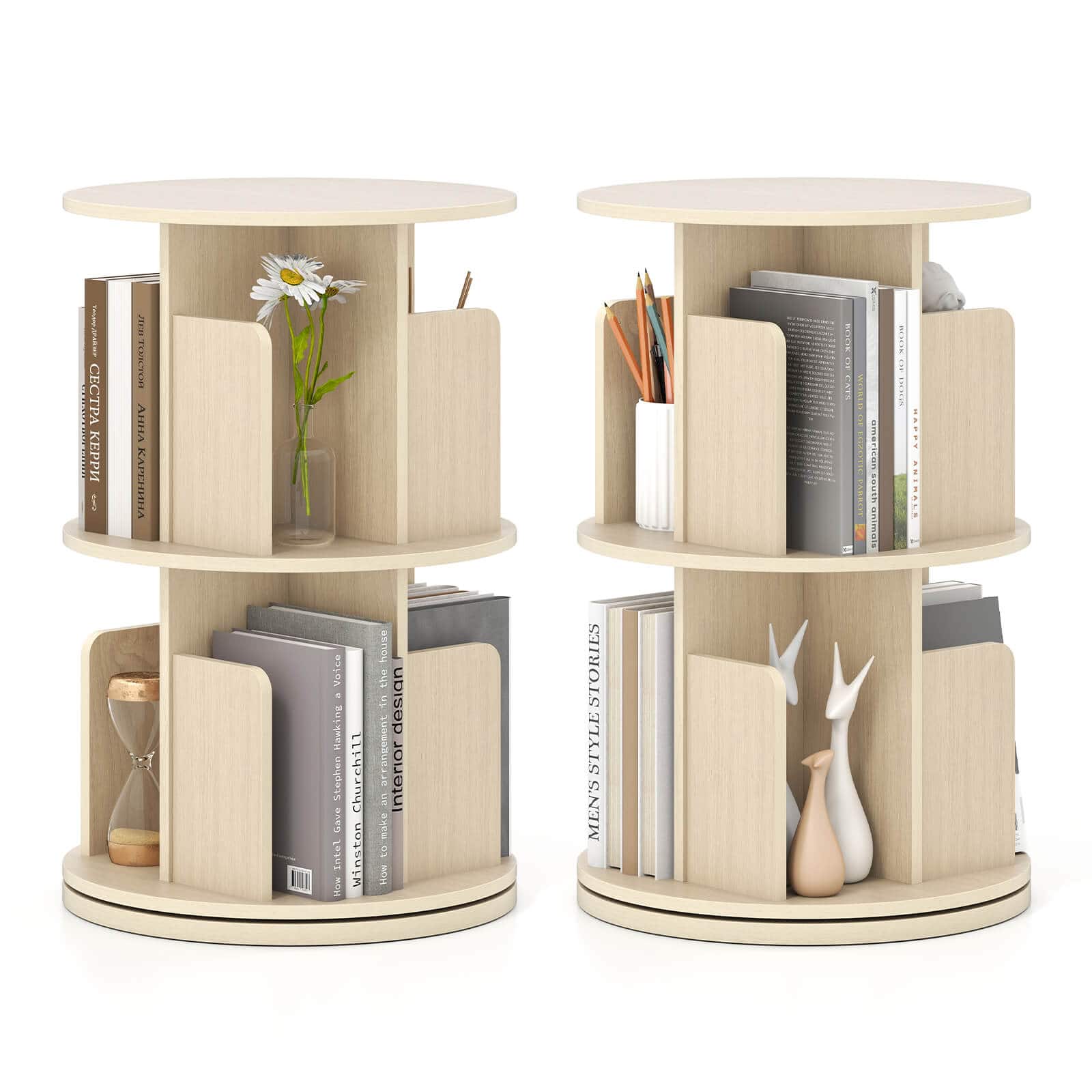 Costway - 2 PCS 2-Tier Rotating Bookshelf 360° Display Rack Dividers & Anti-falling Baffles - Natural price history on PriceWatchPro