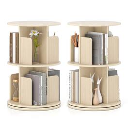 Costway - 2 PCS 2-Tier Rotating Bookshelf 360° Display Rack Dividers & Anti-falling Baffles - Natural