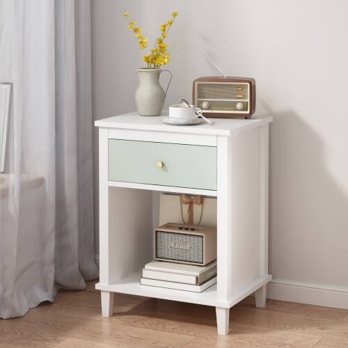 Left. LUCKY ONE - 26.8" Assembled Wooden Nightstand 1-Drawer 1-Shelf - White+Green.