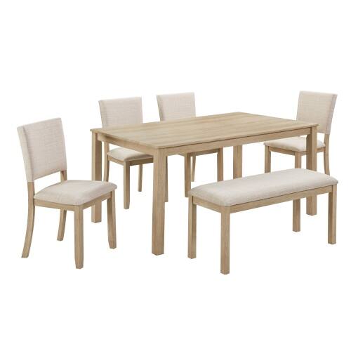 Alt View 6. LUCKY ONE - 6-Piece Dining Set with 58.5" Wooden Rectangular Dining Table, Bench and 4 Upholstered Chairs - Beige,Light Oak.