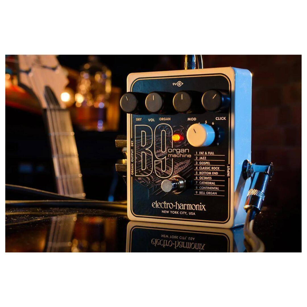 RV I DRY VOL ORGAN MOD CLICK 5 & 7 8 DRY ORGAN OUTPUT BA organ machine 2 4 3 1 & 5 FAT GOSPEL CLASSIC JAZZ BOTTOM & FULL ROCK END INPUT OCTAVES 7 CATHEDRAL & CONTINENTAL 9 BELL ORGAN electro-harmonix NEW YORK CITY, USA  XOY CIA" vSn electro-harmonix