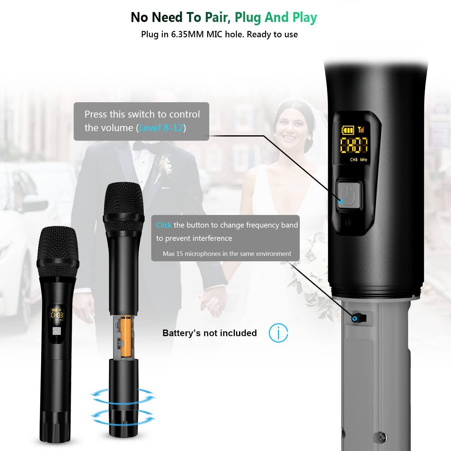 No Need To Pair, Plug And Play  
Plug in 6.35MM MIC hole. Ready to use  

Press this switch to control the volume (Level 8-12)  

Click the button to change frequency band to prevent interference  
Max 15 microphones in the same environment  

Battery's not included