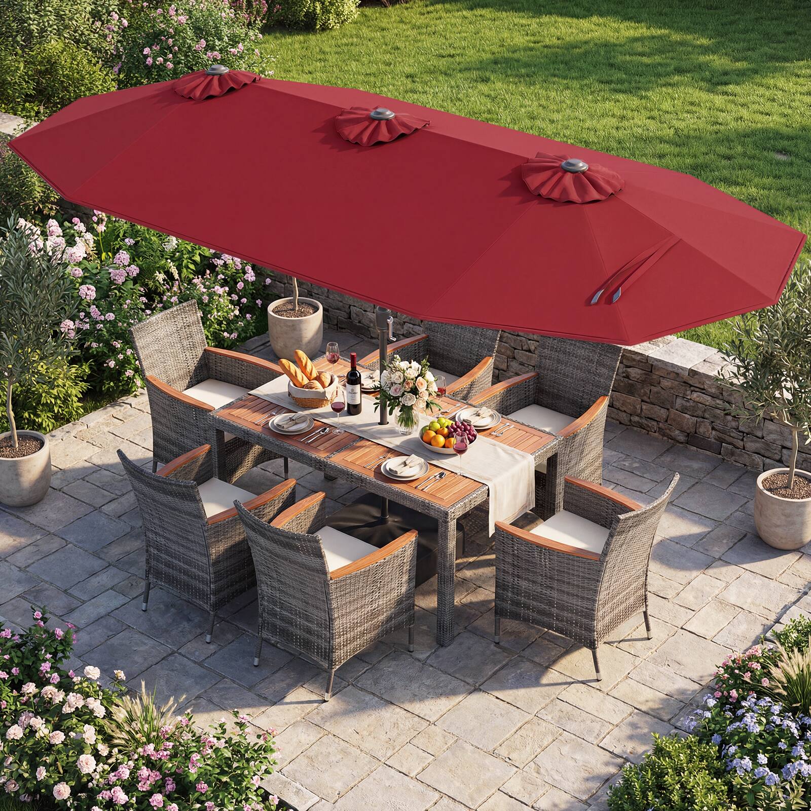 Alt View 1. Gymax - Gymax 8-Piece Patio Dining Set w/ Double-Sided Market Umbrella Acacia Wood Top Wine - Red.