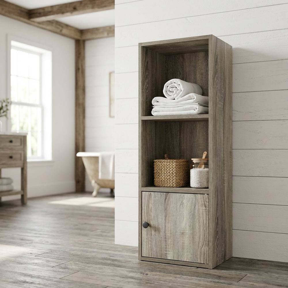 Angle. FurniFact - Wooden 3-Tier Shelf Bookcase with Door Storage in French Oak Finish - French Oak.