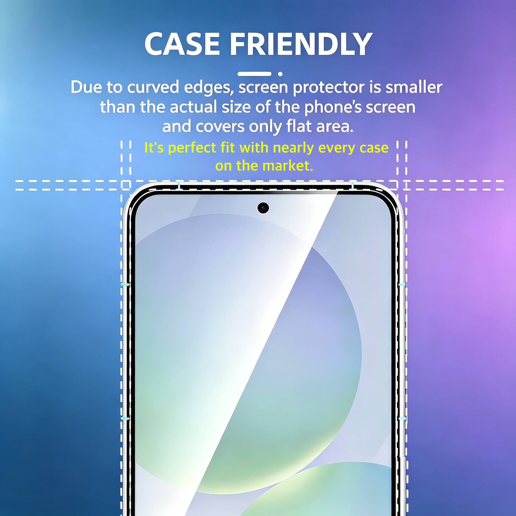 CASE FRIENDLY

Due to curved edges, screen protector is smaller than the actual size of the phone's screen and covers only flat area. It's perfect fit with nearly every case on the market.