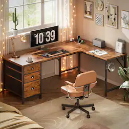 Furnulem - L Shaped Gaming Desk Computer Corner Table with Power Outlets USB File Fabric Drawers Large Storage - Brown