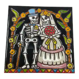 Earthtones Tile - Earthtones Day of the Dead Wedding Couple 6X6 Hand Glazed Decorative Tile or Kitchen Trivet - Multicolor