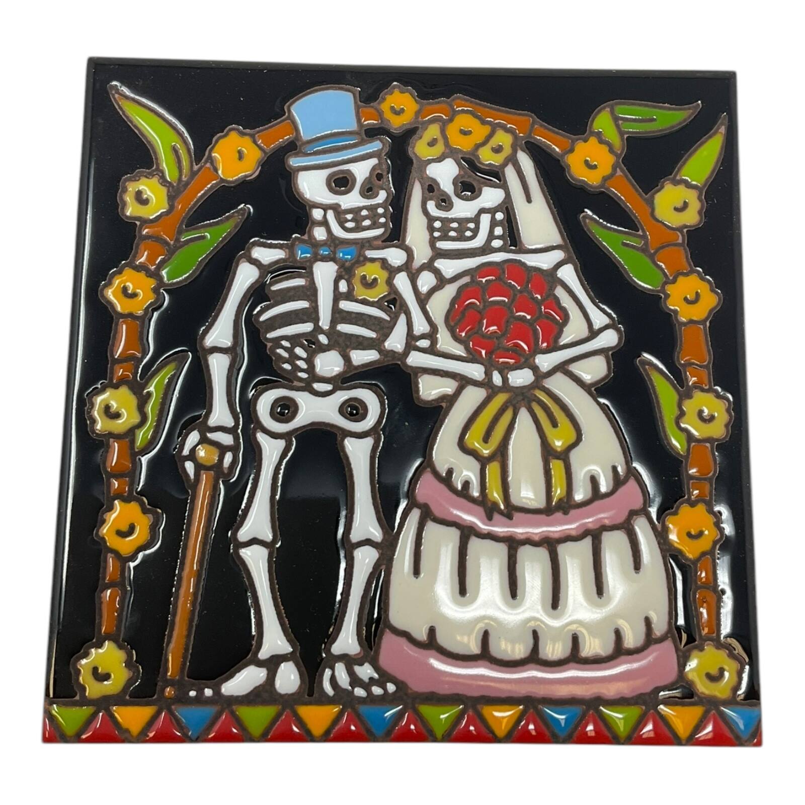 Front. Earthtones Tile - Earthtones Day of the Dead Wedding Couple 6X6 Hand Glazed Decorative Tile or Kitchen Trivet - Multicolor.