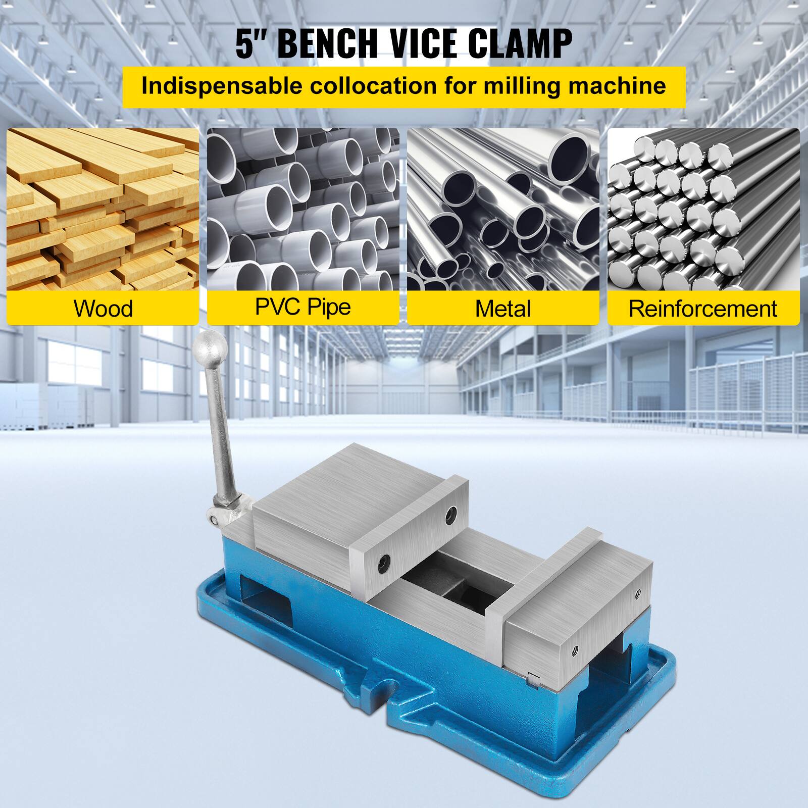 5" BENCH VICE CLAMP  
Indispensable collocation for milling machine  

Wood  
PVC Pipe  
Metal  
Reinforcement