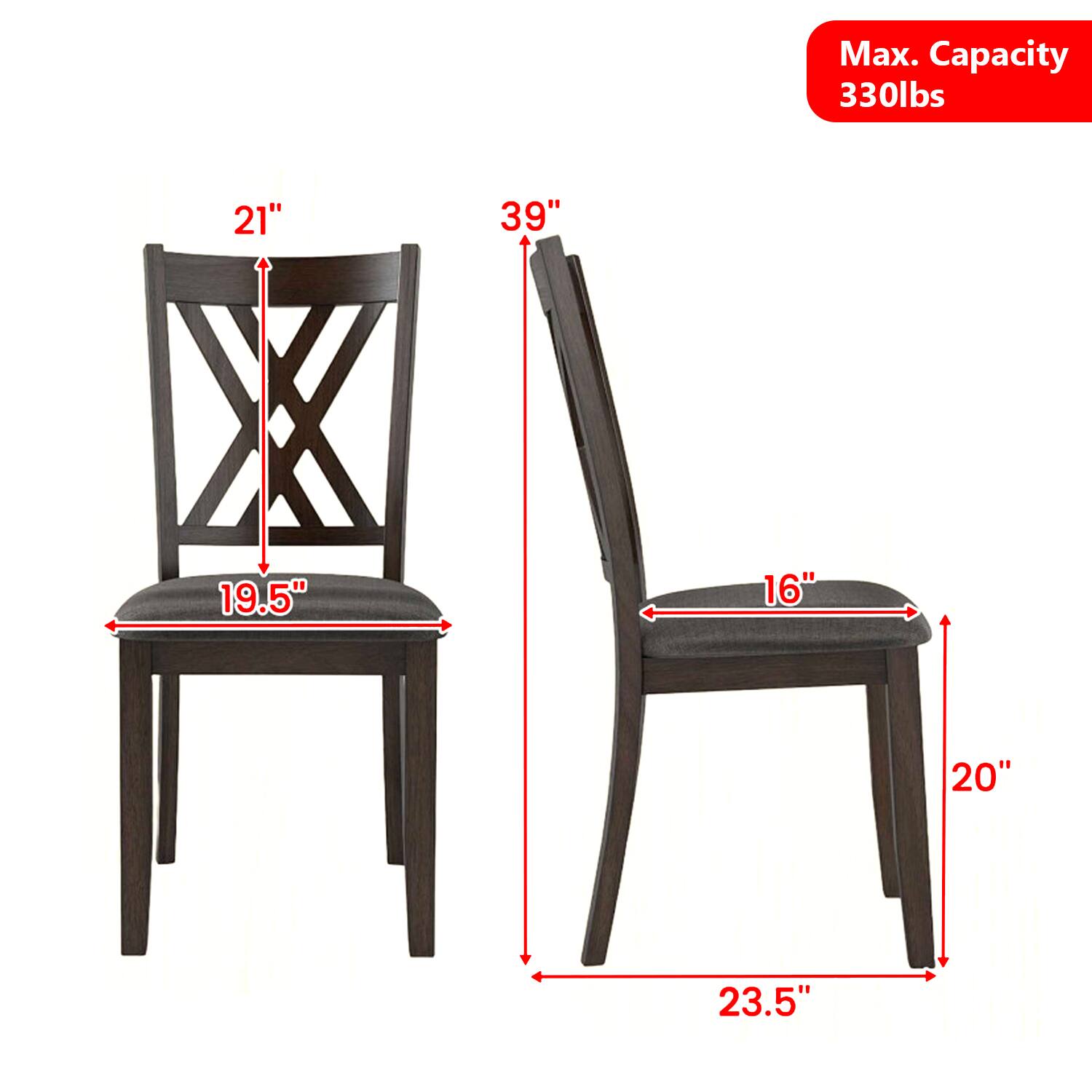 Max. Capacity 330lbs  
21"  
39"  
19.5"  
16"  
20"  
23.5"