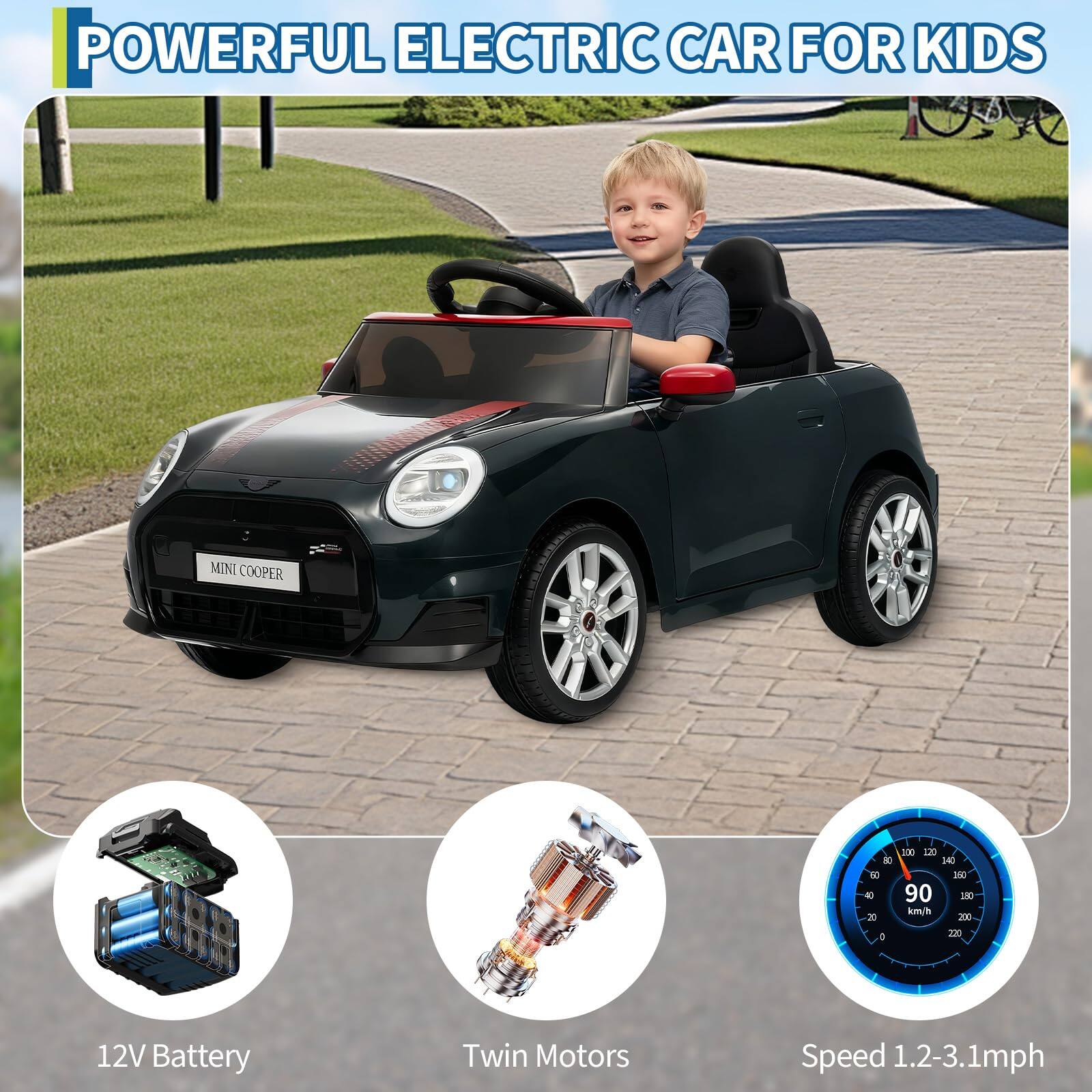 POWERFUL ELECTRIC CAR FOR KIDS

MINI COOPER

12V Battery

Twin Motors

Speed 1.2-3.1mph
