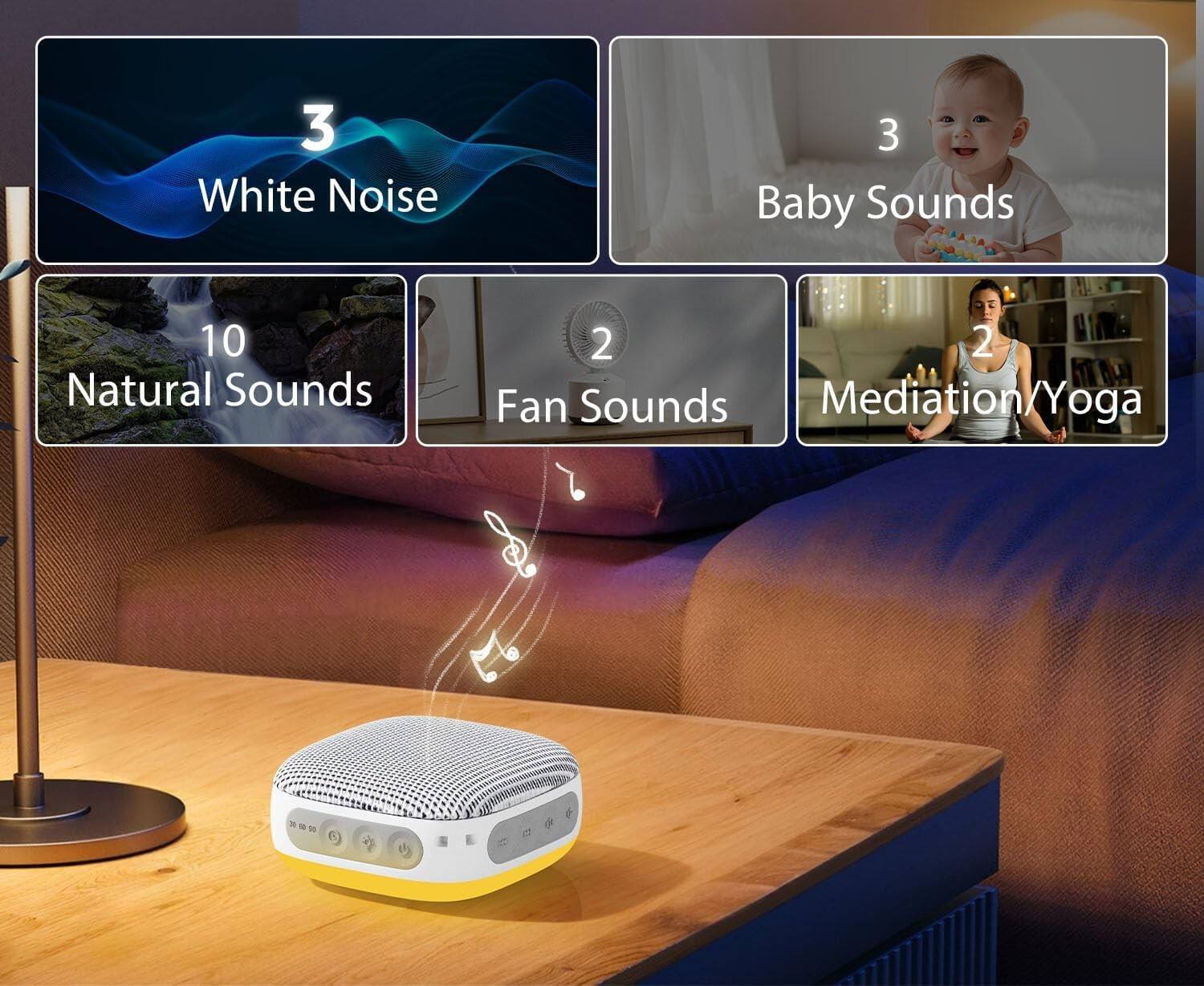 3 White Noise  
3 Baby Sounds  
10 Natural Sounds  
2 Fan Sounds  
2 Meditation/Yoga
