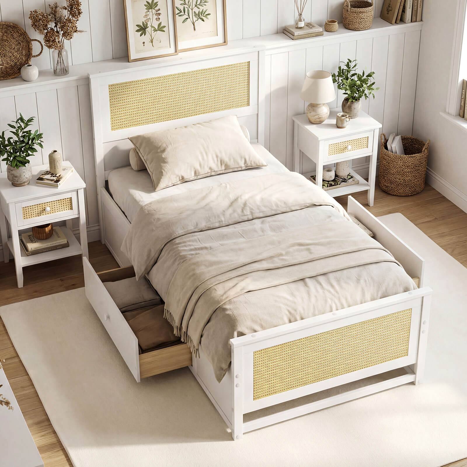 Alt View 2. Costway - Costway Twin Size Rattan Bed Frame with Headboard, 2 Storage Drawers & Space - White.