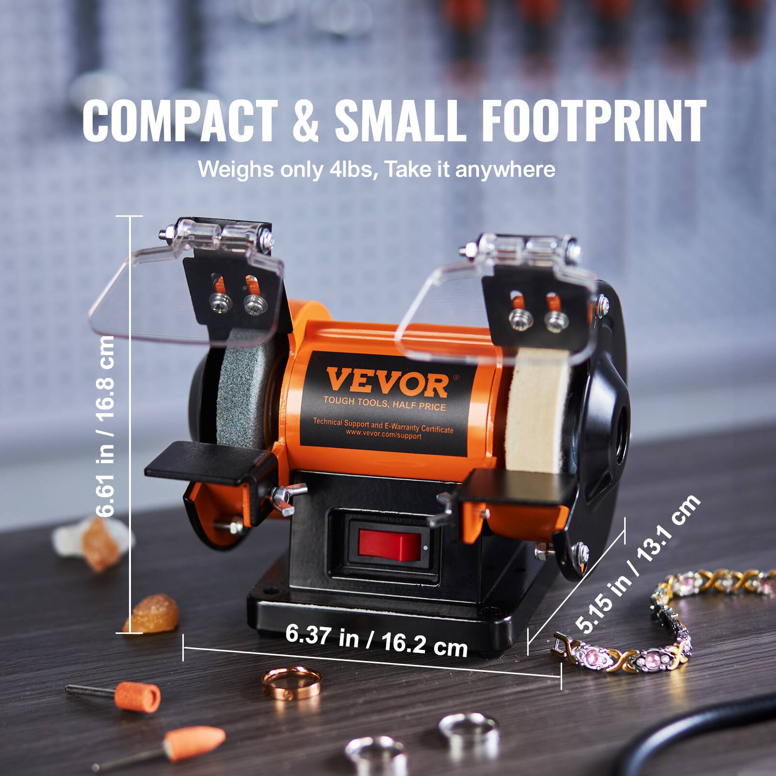COMPACT & SMALL FOOTPRINT  
Weighs only 4lbs, Take it anywhere  

VEVOR  
TOUGH TOOLS  
HALF PRICE  
Technical Support and E-Warranty Certificate  
www.vevor.com/support  

6.61 in / 16.8 cm  
6.37 in / 16.2 cm  
5.15 in / 13.1 cm