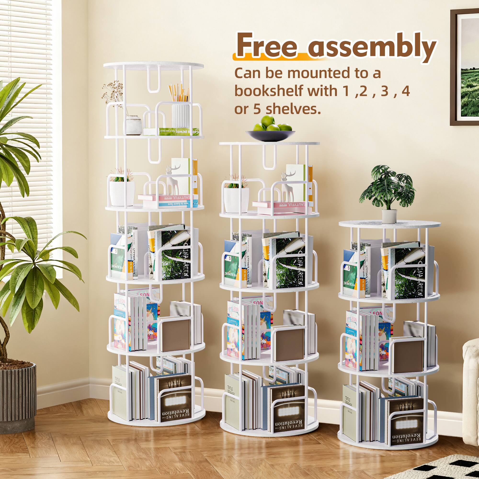 Free assembly  
Can be mounted to a bookshelf with 1, 2, 3, 4 or 5 shelves.