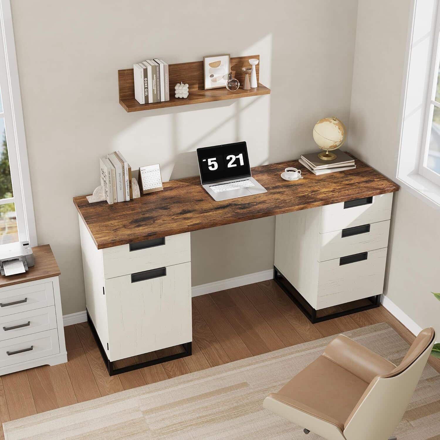 Acekool - Executive Home Office Computer Desk with File Drawers and Storage Cabinet, Brown+White