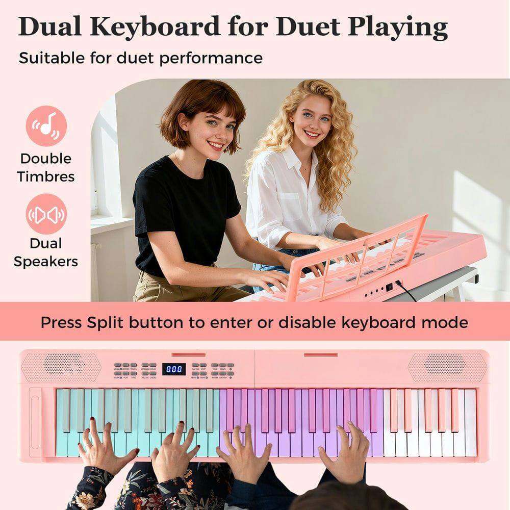 Dual Keyboard for Duet Playing  
Suitable for duet performance  

Double Timbres  
Dual Speakers  

Press Split button to enter or disable keyboard mode