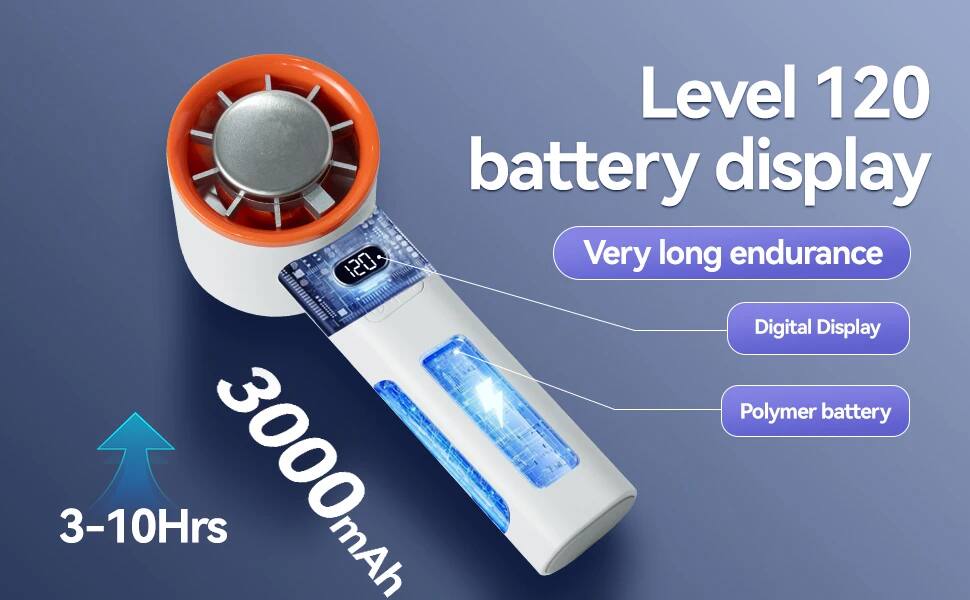 Level 120 battery display  
Very long endurance  
Digital Display  
Polymer battery  
3-10 Hrs  
3000 mAh
