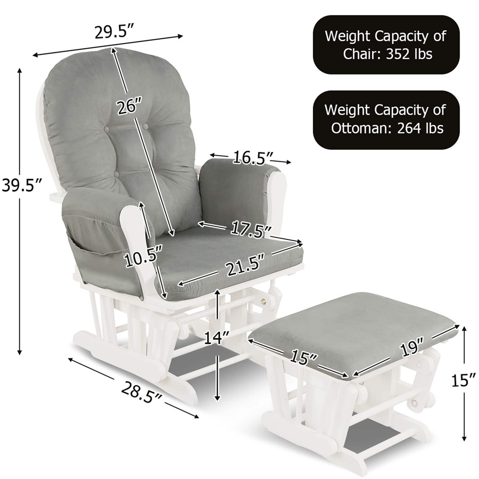 The text on the image is grouped and corrected as follows:
Weight Capacity of Chair: 352 lbs
Weight Capacity of Ottoman: 264 lbs
Dimensions:
- 39.5"
- 16.5"
- 10.5"
- 17.5"
- 21.5"
- 28.5"
- 14"
- 15"
- 19"
- 15"