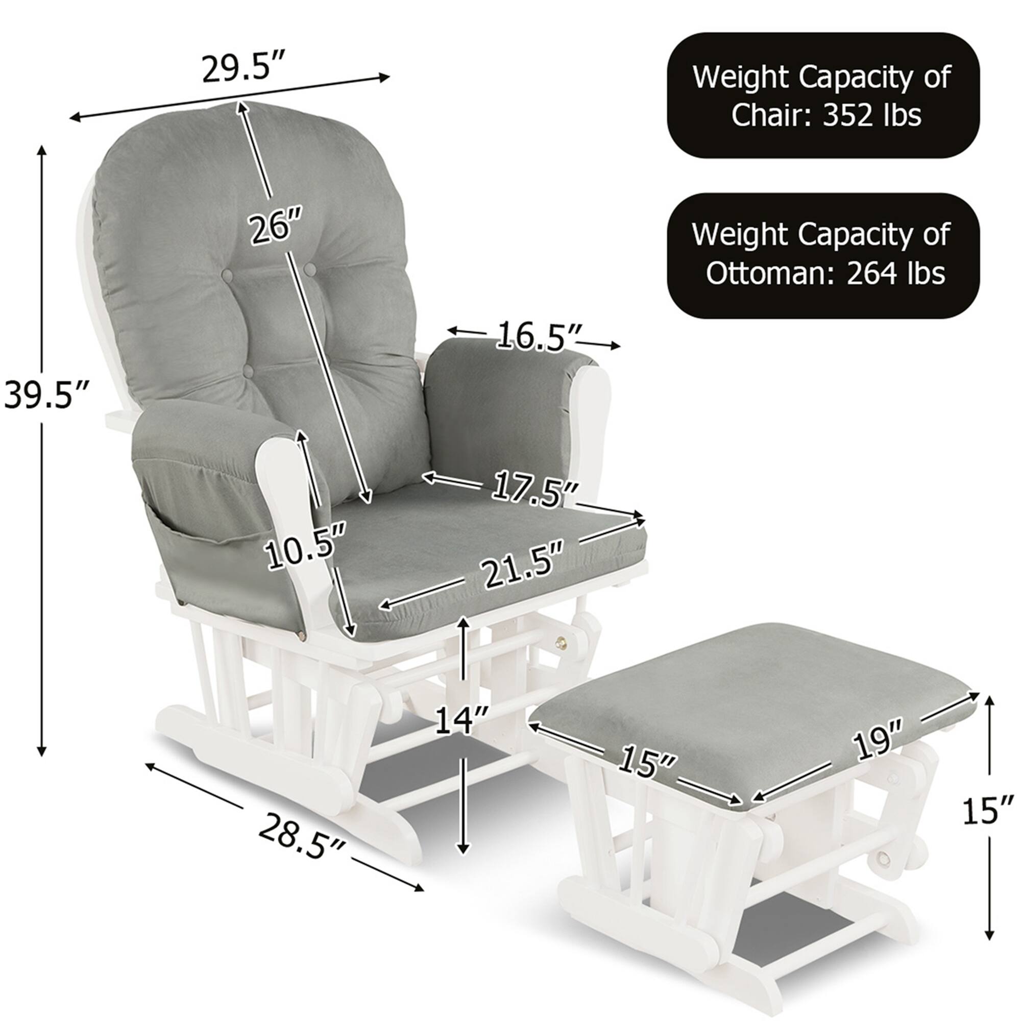 The text on the image is grouped and corrected as follows:

Weight Capacity of Chair: 352 lbs
Weight Capacity of Ottoman: 264 lbs
Dimensions:
- 39.5"
- 16.5"
- 10.5"
- 17.5"
- 21.5"
- 28.5"
- 14"
- 15"
- 19"
- 15"