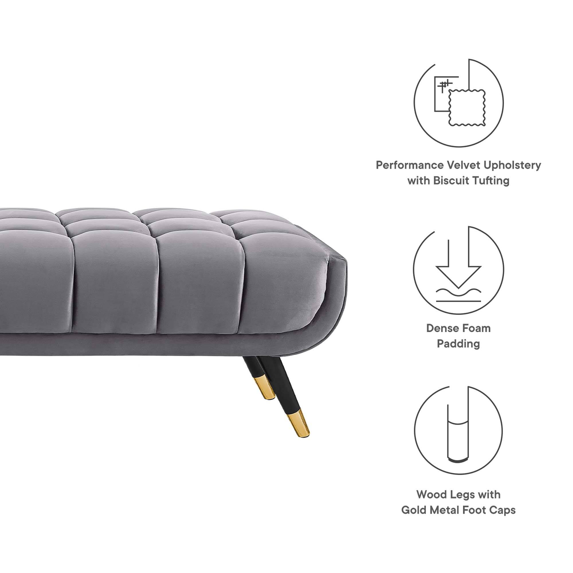 Performance Velvet Upholstery with Biscuit Tufting  
Dense Foam Padding  
Wood Legs with Gold Metal Foot Caps