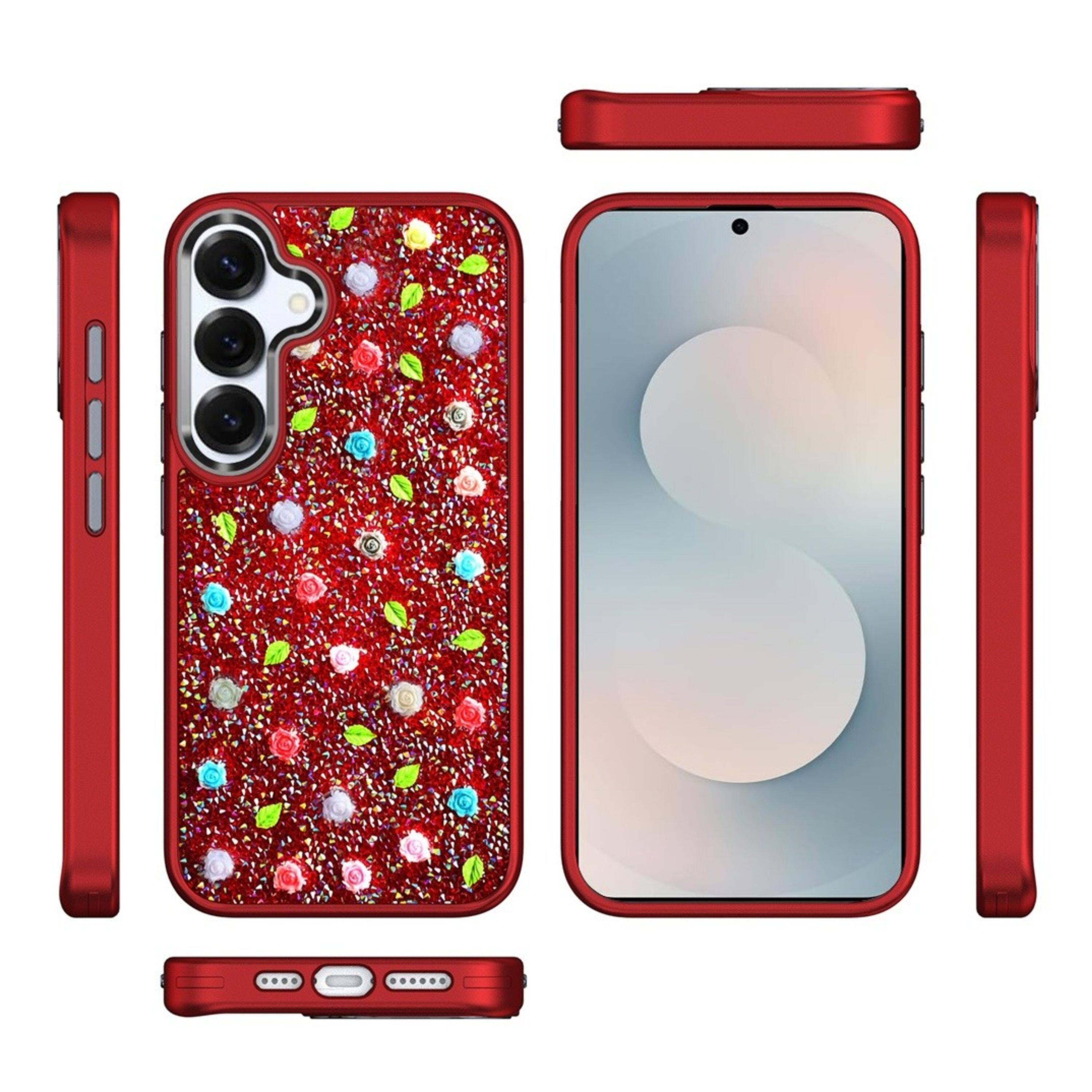 Left. Kitcheniva - Tiny Roses Glitter Design Phone Case With Tempered Glass For Samsung Galaxy S26 Red - Red.