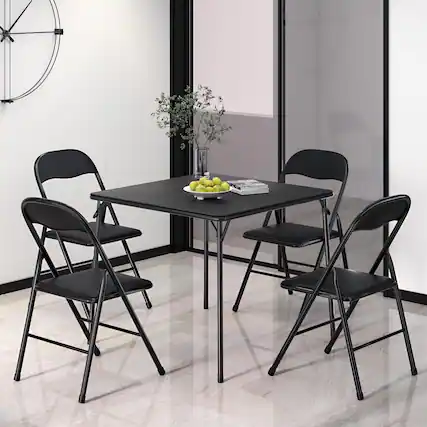 Front. Vecelo - 5-Piece Folding Card Table and Chairs Set, Portable Square Game Table with Padded Vinyl Top and 4 Foldable Chairs - Black.