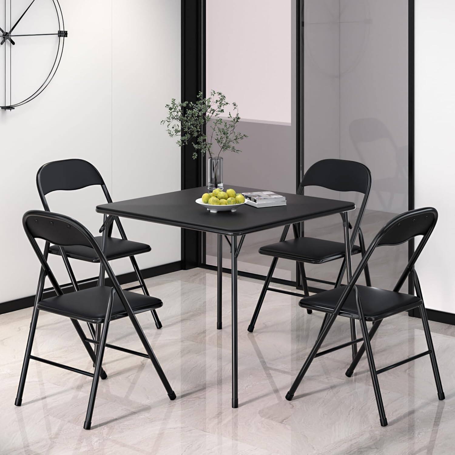 Front. Vecelo - 5-Piece Folding Card Table and Chairs Set, Portable Square Game Table with Padded Vinyl Top and 4 Foldable Chairs - Black.
