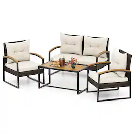 Gymax - Set Of 4 Patio Conversation Set w/ Coffee Table Solid Acacia Wood Armrests Tabletop - Mix Brown, Off White