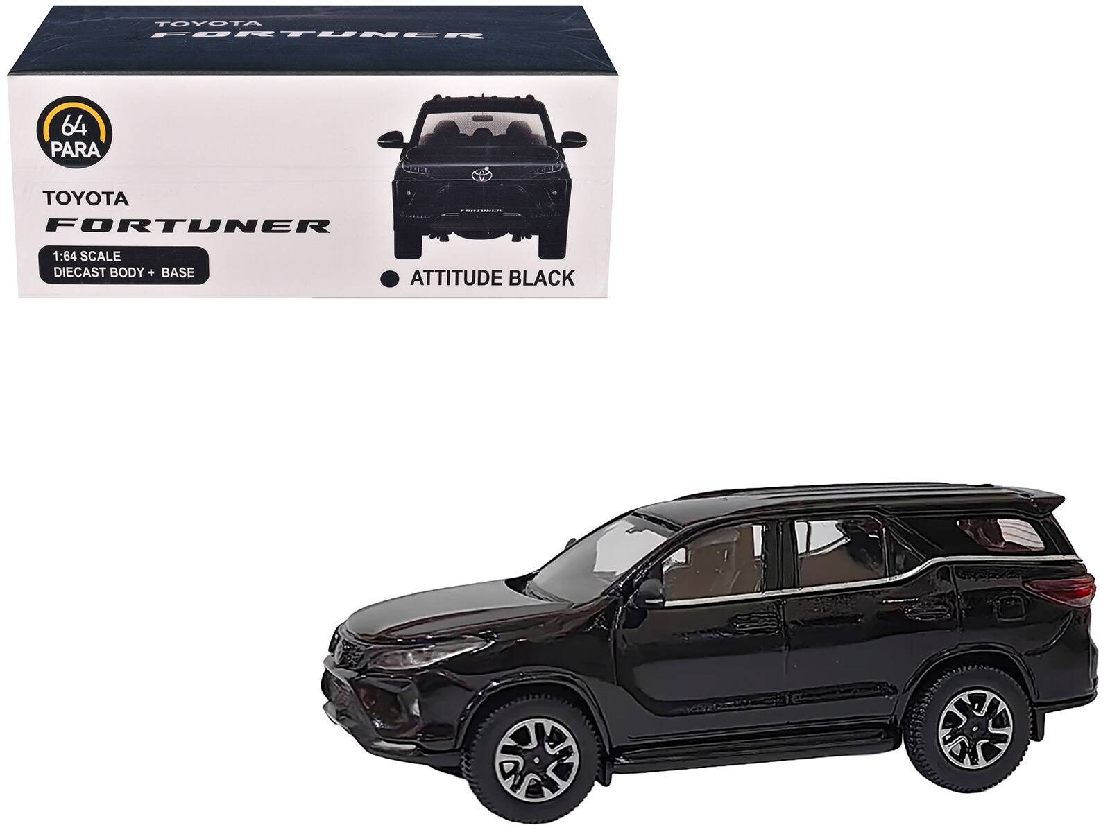 TOYOTA FORTUNER  
1:64 SCALE  
DIECAST BODY + BASE  
ATTITUDE BLACK