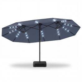 Gymax - 15 FT Double-Sided Patio Umbrella w/48 Solar LED Lights Base Included for Pool - Gray