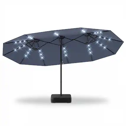 Front. Gymax - Gymax 15 FT Double-Sided Patio Umbrella w/48 Solar LED Lights Base Included for Pool Gray - Grey.