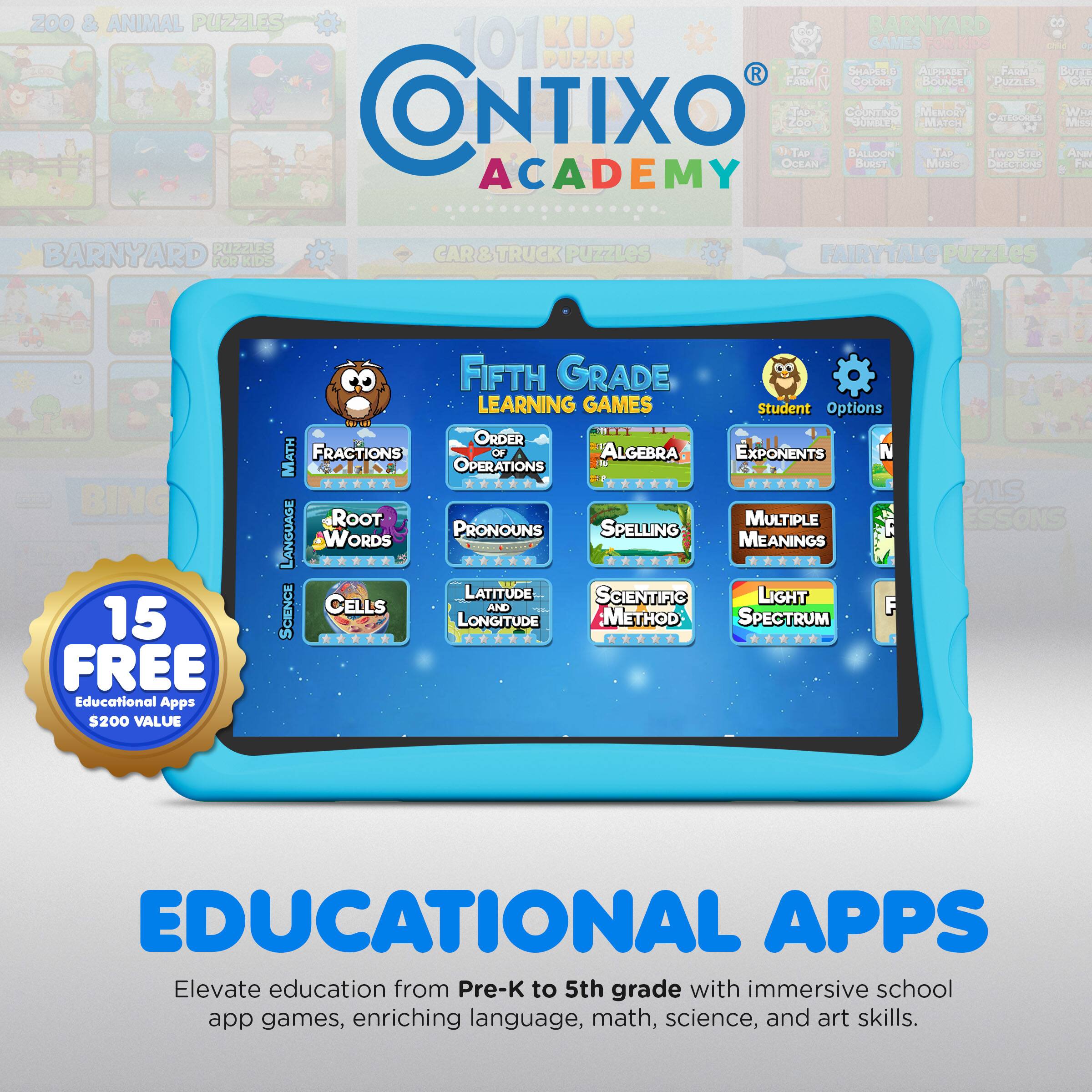 Sure, here is the corrected and grouped text from the image:

---

**KID'S TIXO ACADEMY**

**101 KIDS GAMES**

**200 & ANIMAL PUZZLES**

**BARNYARD PUZZLES**

**CAR & TRUCK PUZZLES**

**FAIRYTALE PUZZLES**

**BINGO**

**FIFTH GRADE LEARNING GAMES**

**MATH**

- FRACTIONS
- ORDER OF OPERATIONS
- ALGEBRA
- EXPONENTS

**LANGUAGE**

- ROOT WORDS
- PRONOUNS
- SPELLING WORDS
- MEANINGS

**SCIENCE**

- CELLS AND LONGITUDE
- LATITUDE
- SCIENTIFIC METHOD
- LIGHT SPECTRUM

**15 FREE Educational Apps**

**$200 VALUE**

**EDUCATIONAL APPS**

Elevate education from Pre-K to 5th grade with immersive school app games, enriching language, math, science, and art skills.

---

This text is organized to reflect the content and structure of the image.