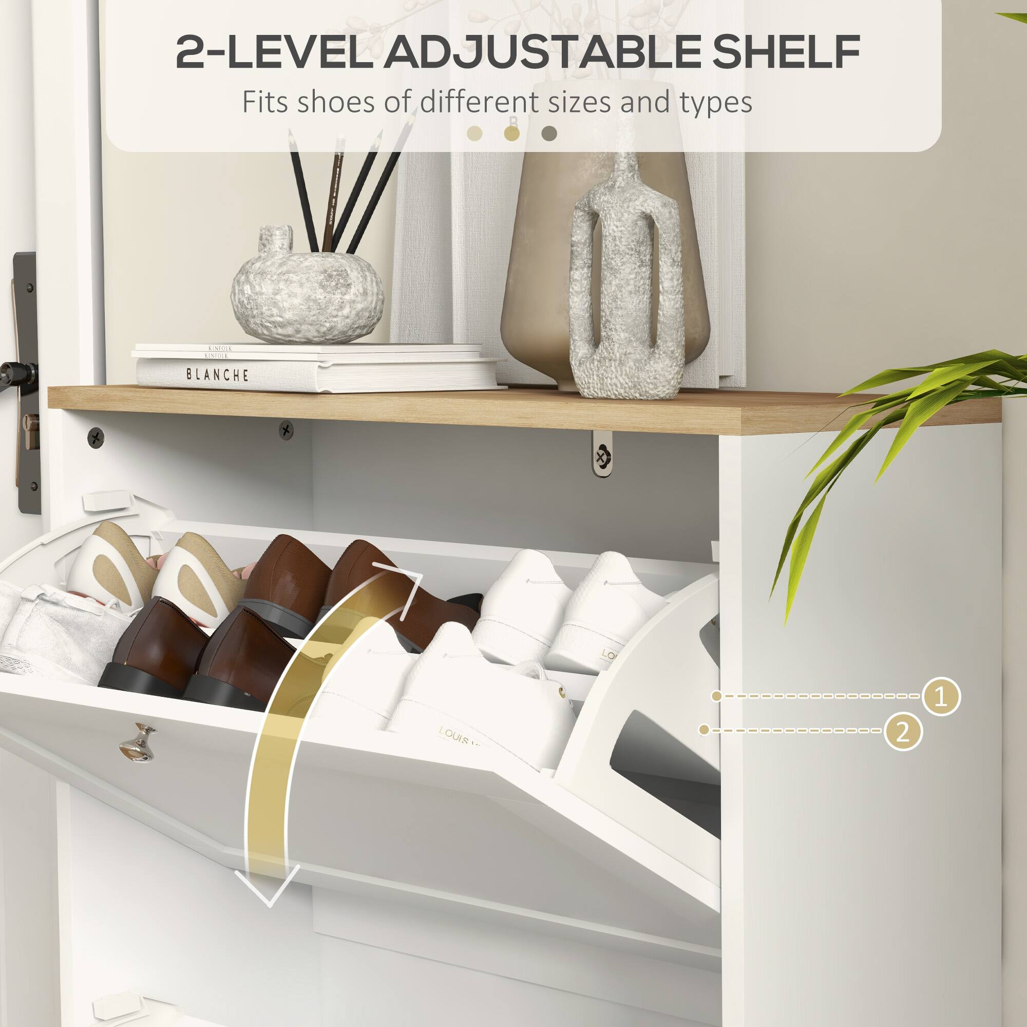 2-LEVEL ADJUSTABLE SHELF Fits shoes of different sizes and types 2 1 CN  BLANCHE  RIJOU