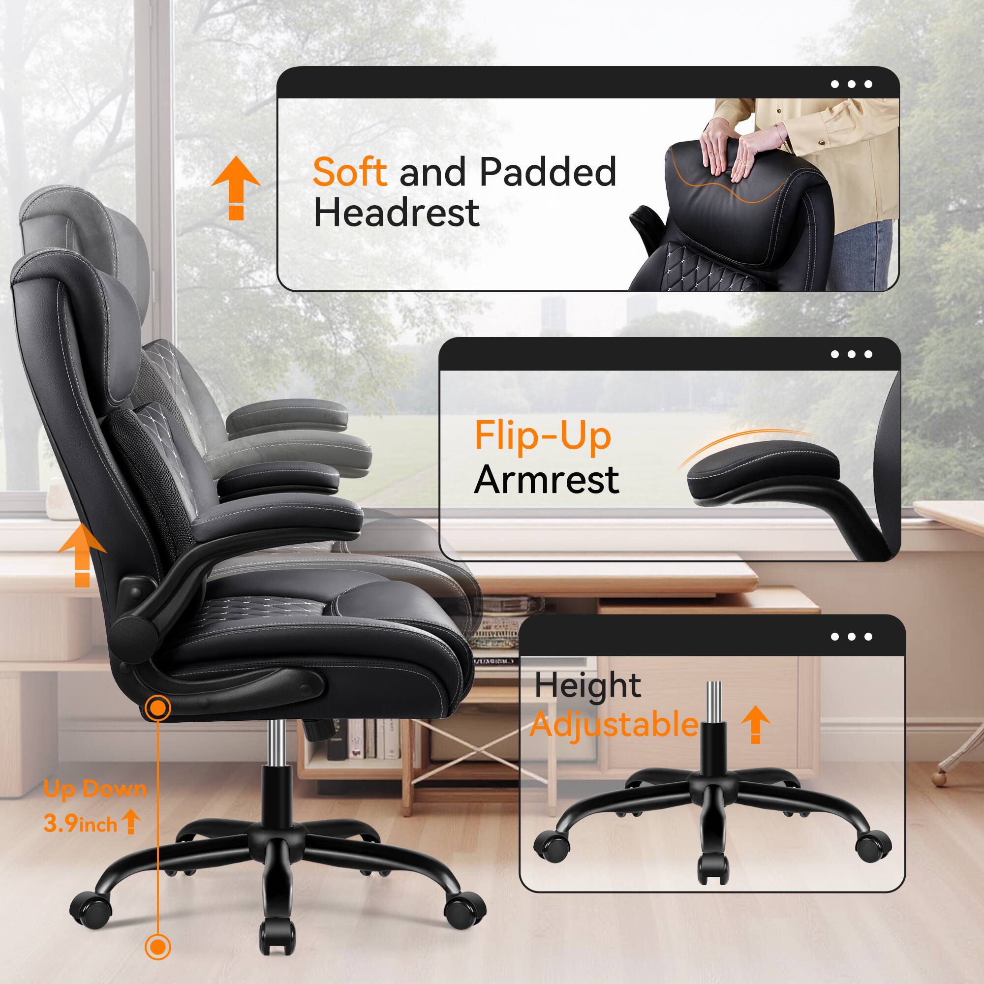 - Soft and Padded Headrest
- Flip-Up Armrest
- Height Adjustable Up Down 3.9inch