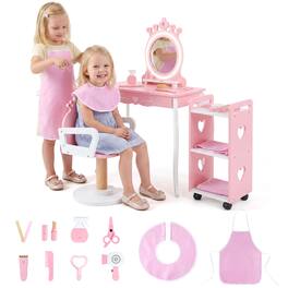 Costway - Kids Hair Salon Play Set with LED Lighted Mirror, Swivel Barber Chair, Rolling Cart - Pink + White