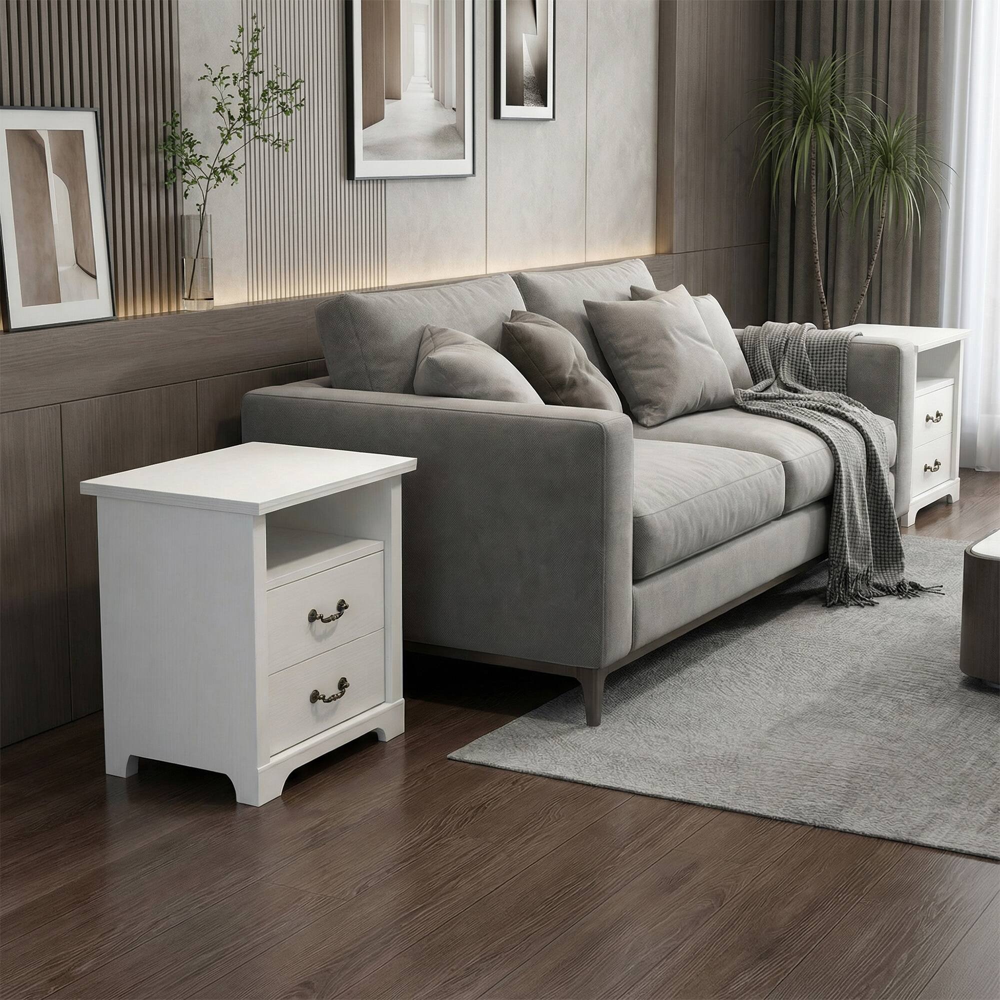 Left. Vaczon - Rustic White Nightstands (Set of 2) with Open Shelf and 2 Drawers - White.