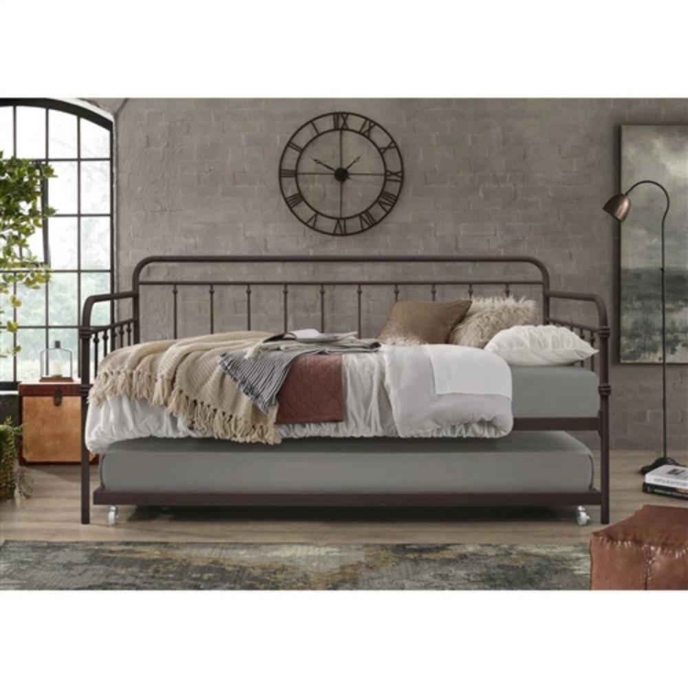 Back. Hivvago - Twin size Rounded Iron Daybed with Roll Out Trundle Bed Frame in Copper Brown - Copper Brown.