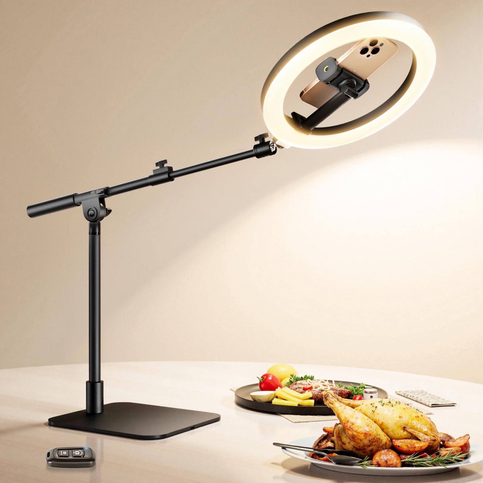 Front. VEGA AUTOMOTIVE - Ring Light With Stand For Desk Adjustable Overhead Phone Mount Tripod And Remote Phones Holder Video Record... - Desk.