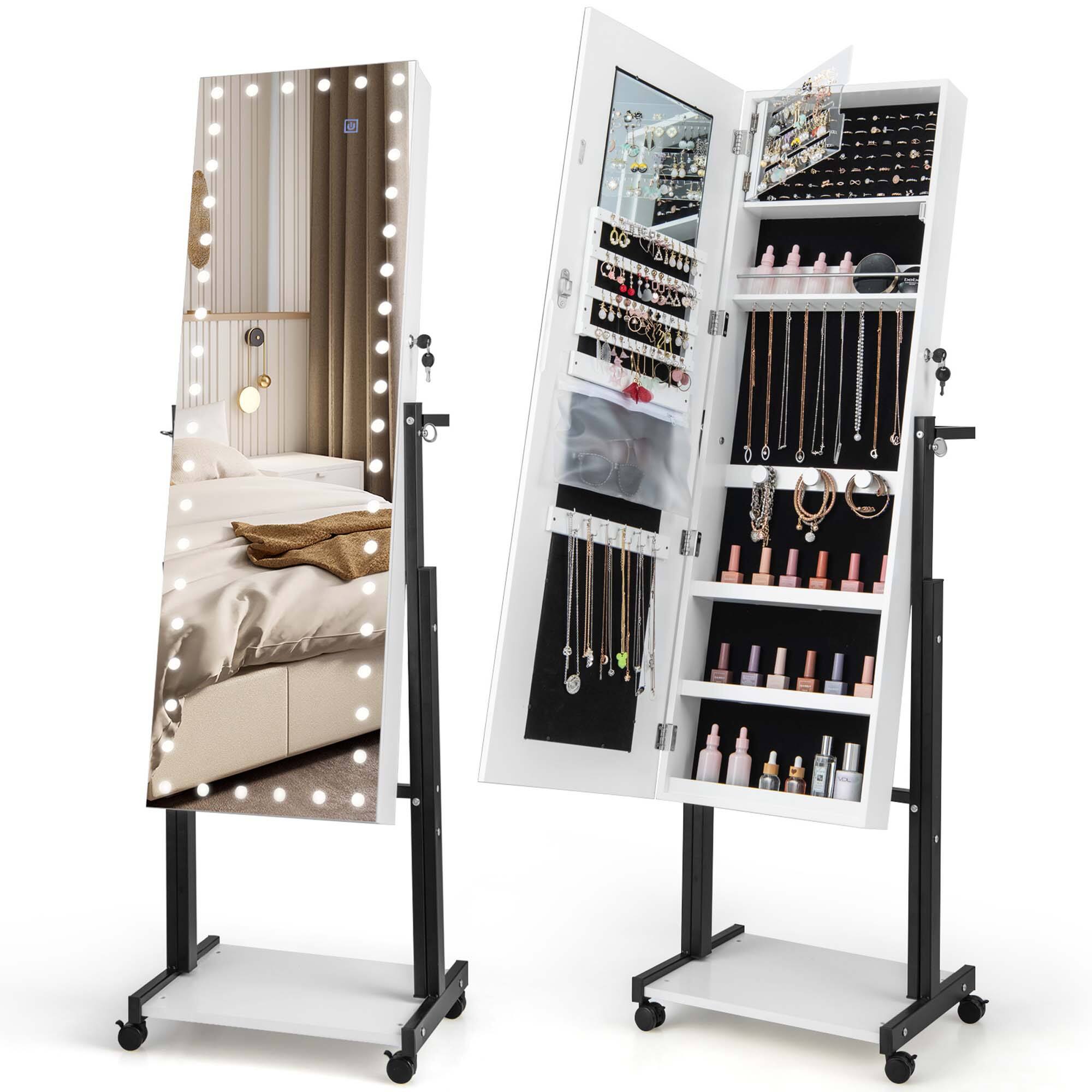 Costway - 3-Color 46 LED Lights Mirror Jewelry Cabinet Armoire Adjustable Height with Wheels - White
