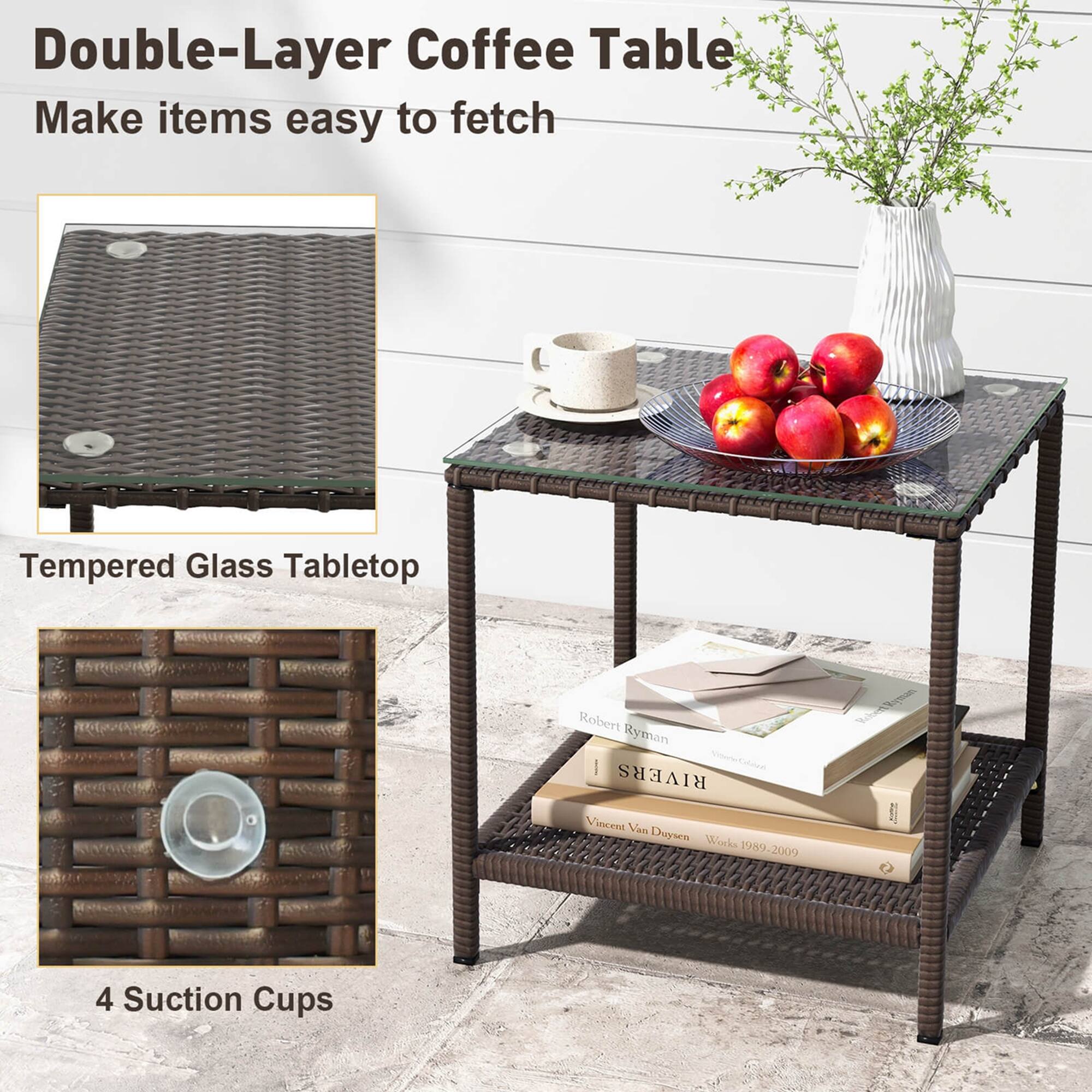 Double-Layer Coffee Table  
Make items easy to fetch  

Tempered Glass Tabletop  

4 Suction Cups  

Robert Ryman  
Vincent Van Gogh  
Works 1989-2009