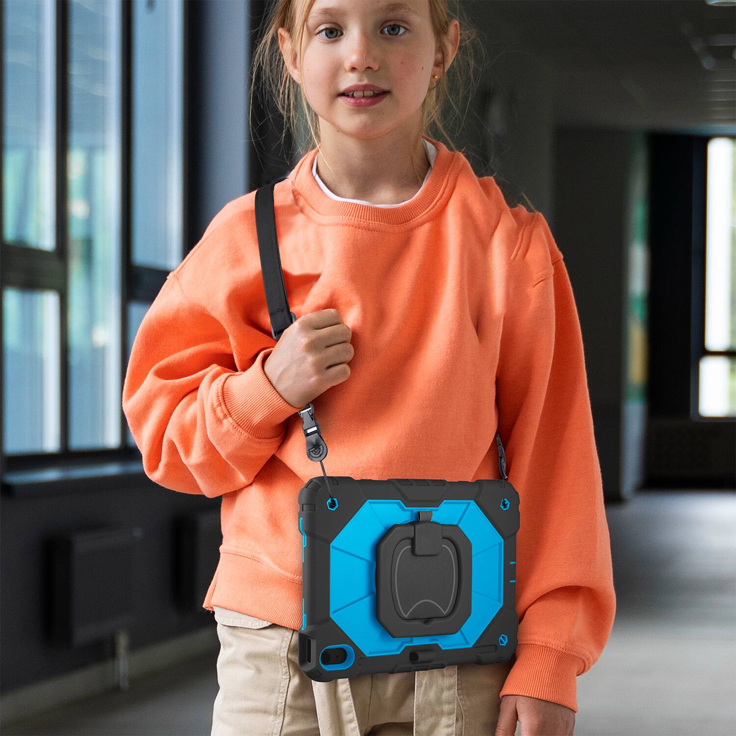 Angle. Vena - For Apple iPad A16 Case for Kids, iPad A16 10th/11th Case, 360° Rotating Hand Strap Stand Cover for iPad A16 10.9" Blue - Blue.