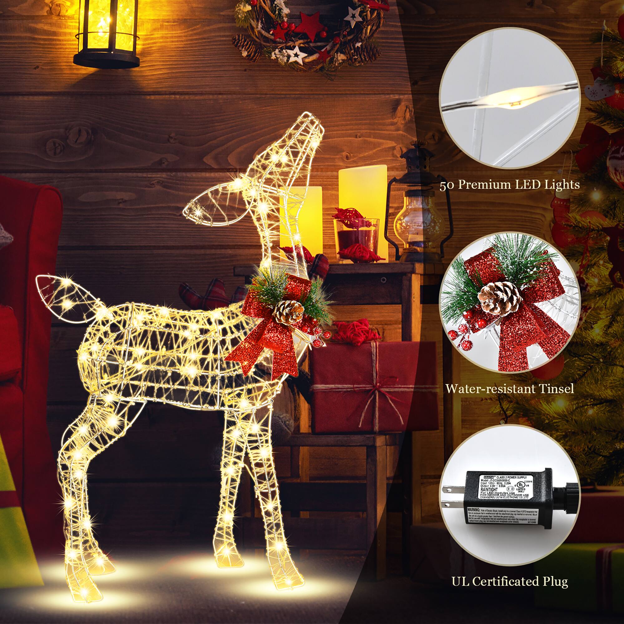 Costway Lighted Christmas Reindeer w/ 50 LED Lights Outdoor Yard