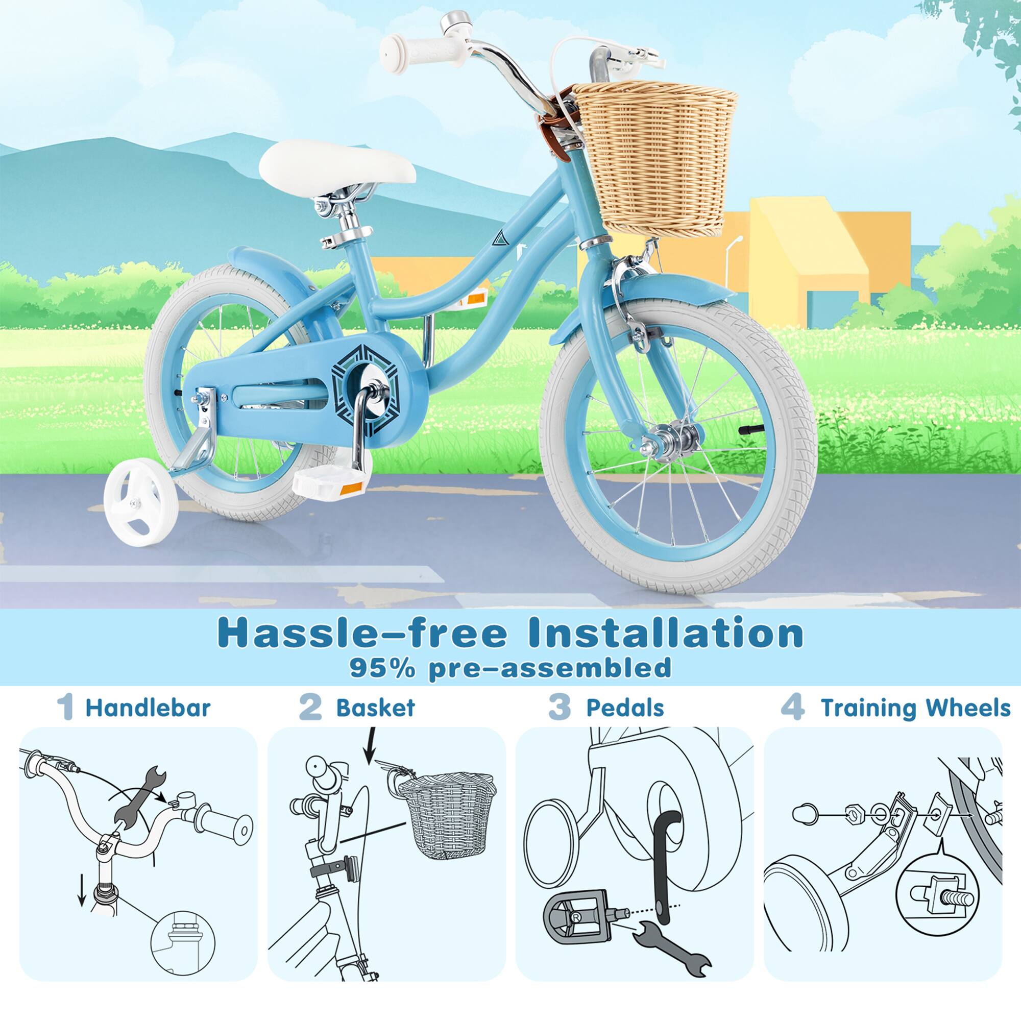 Hassle-free Installation  
95% pre-assembled  

1. Handlebar  
2. Basket  
3. Pedals  
4. Training Wheels