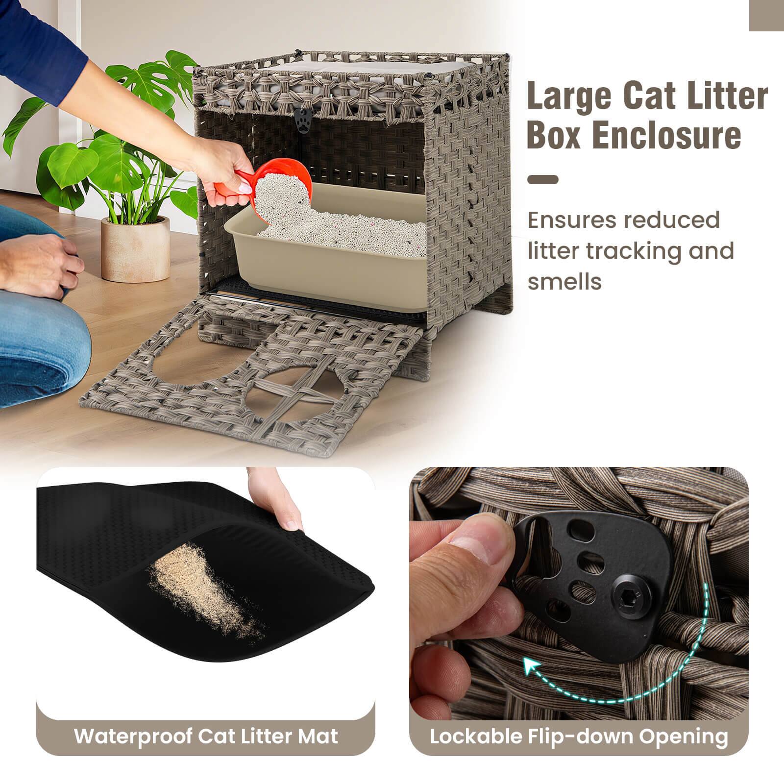 Large Cat Litter Box Enclosure  
Ensures reduced litter tracking and smells  

Waterproof Cat Litter Mat  

Lockable Flip-down Opening