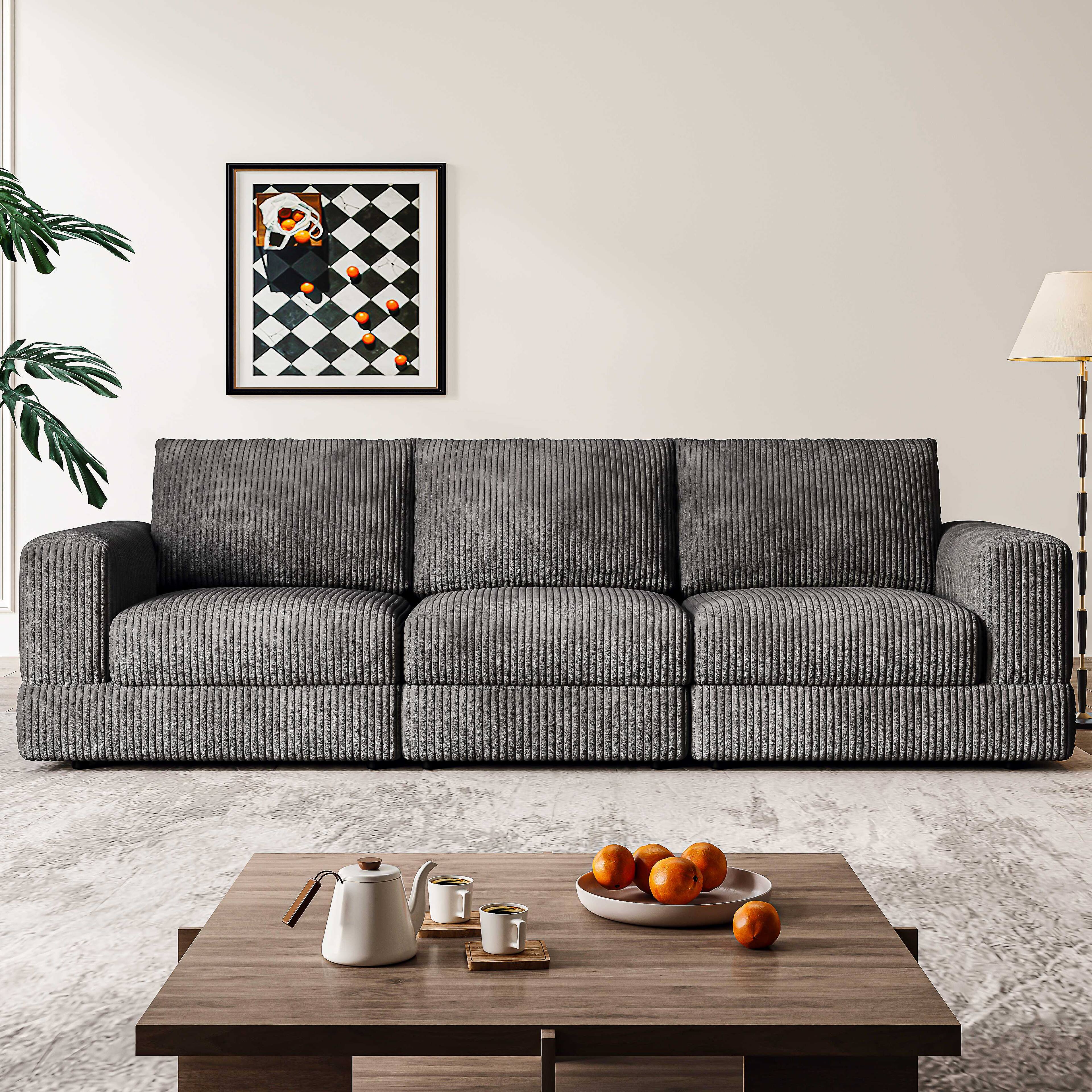Alt View 2. MSOOB - 107" Corduroy Sectionals Sofa, 3 Seater Modern Modular Oversized Upholstered Couch with Comfy Deep Seat for Living Room - Dark.