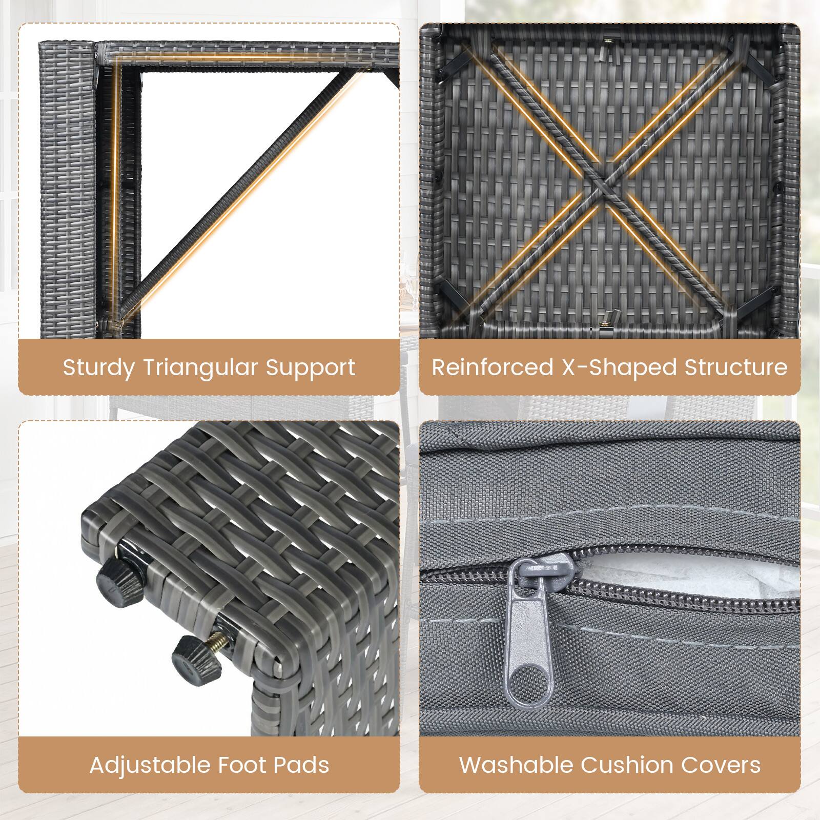 - Sturdy Triangular Support
- Reinforced X-Shaped Structure
- Adjustable Foot Pads
- Washable Cushion Covers